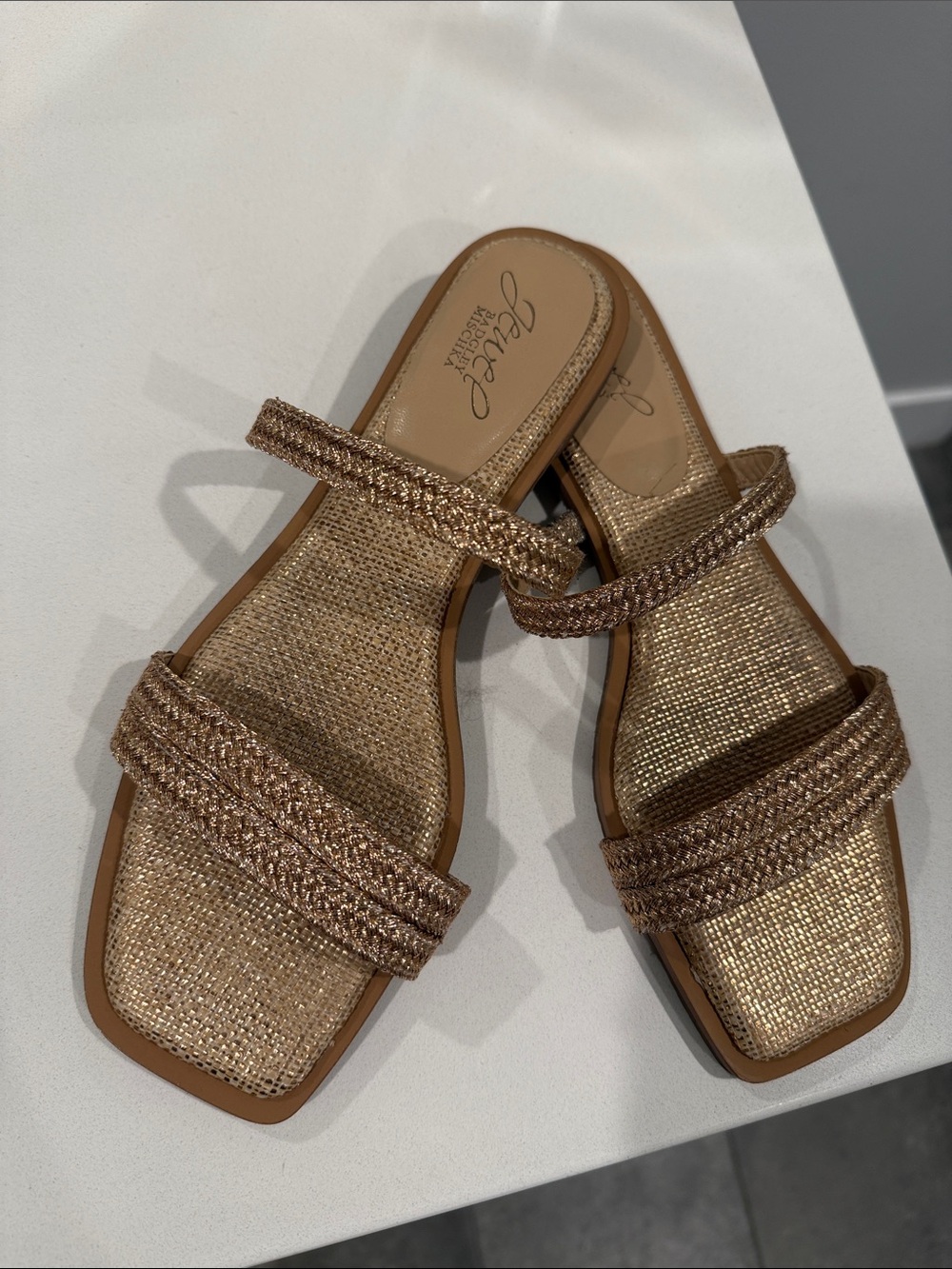 Jewel Badgley Mischka Helena Slide Metallic Braided Slide Sandals - Rose gold